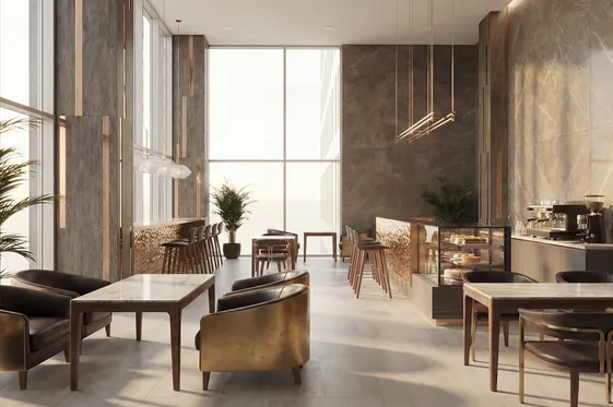 Лаунж-зона — уютное кафе с панорамными окнами и мраморной отделкой