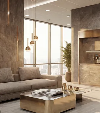 Лаунж-зона — мягкая мебель и панорамный вид на город