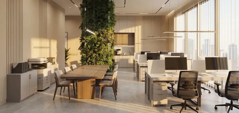 Офисные помещения — открытое пространство с вертикальным озеленением